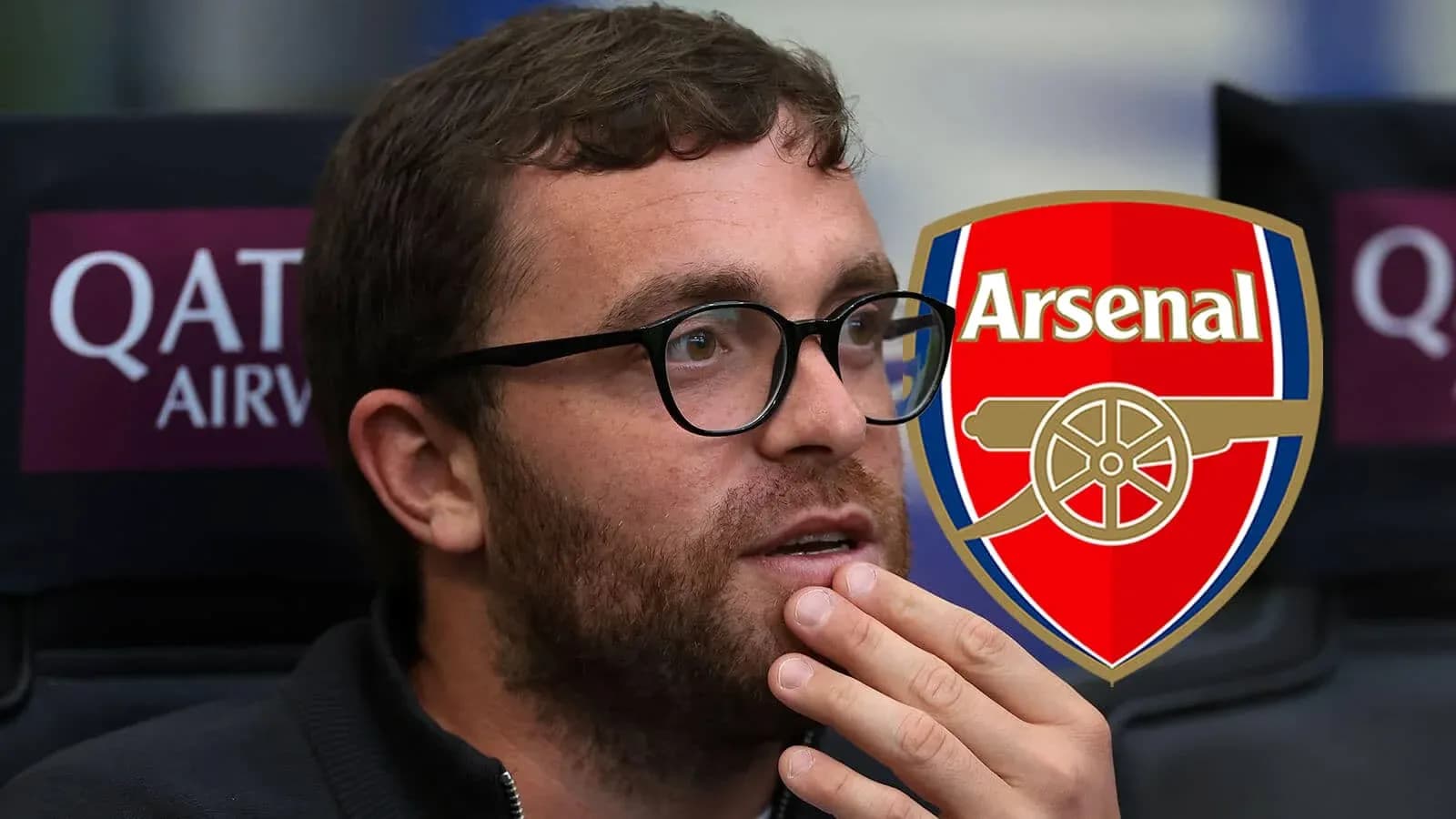Person contemplating with Arsenal logo in background Person contemplating with Arsenal logo in background